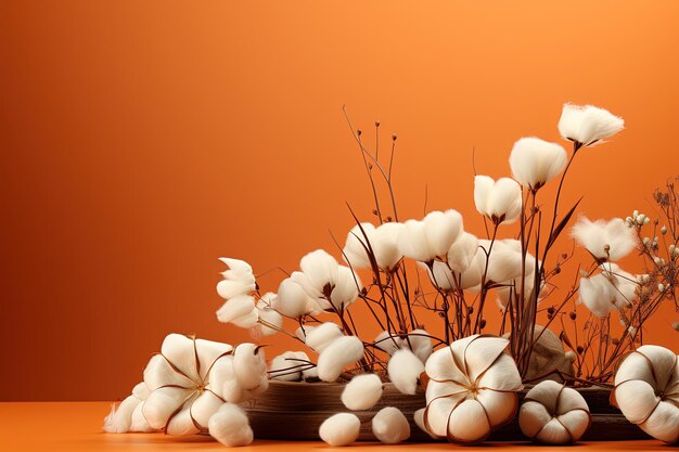 Minimal Scene of a Podium with cotton flowers on an orange background rendered in 3D