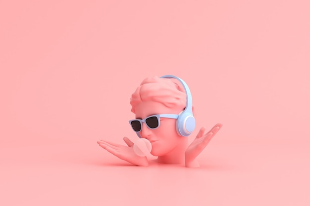 Minimal scene of sunglasses and headphone on human head sculpture.