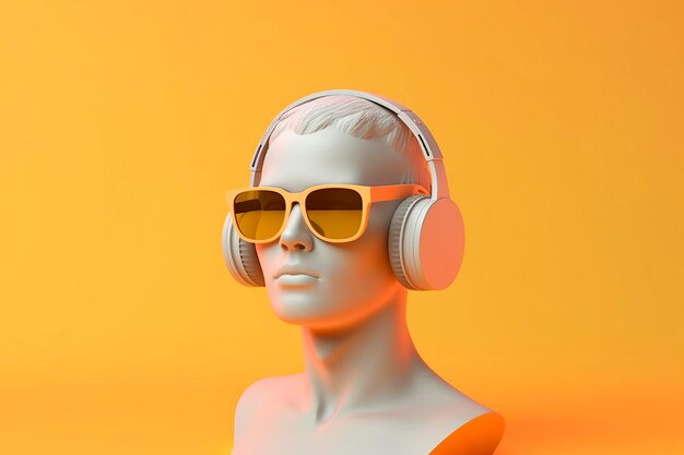 Minimal scene of sunglasses and headphones on human head sculpture music concept 3d rendering ai generative