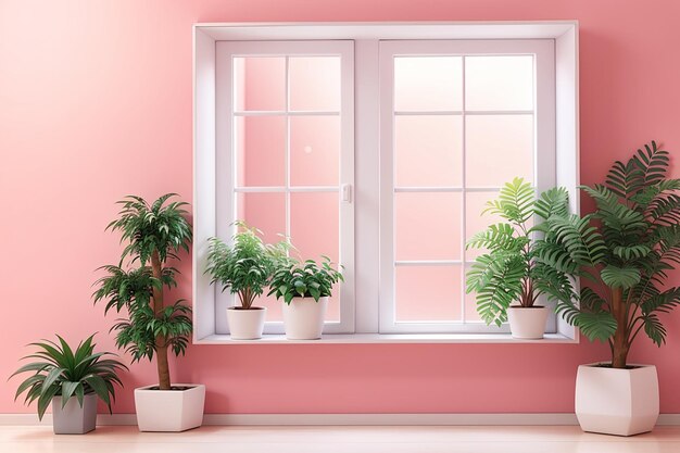 Minimal scene of white window and plants on pink wall background