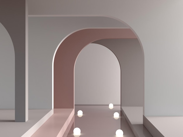 Scena minimale con podio di archi e forme geometriche di sfondo astratto colore neutro