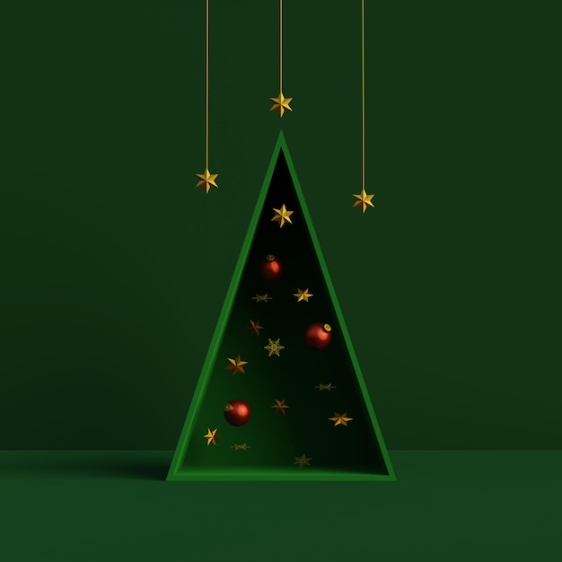 자정 녹색 배경에 소나무의 기하학적 모양이 있는 최소한의 장면. 메리 크리스마스와 새해 복 많이 받으세요 Presentation.3d 렌더링 그림.