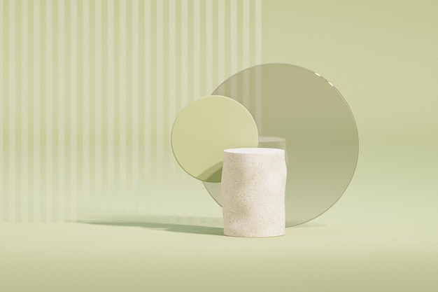 Minimal scene with podium and abstract background. pastel green\
and white colors scene. 3d render