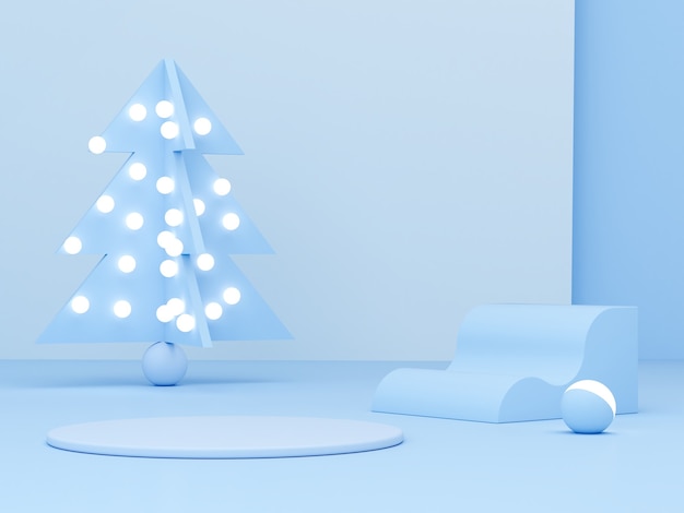 연단과 밝은 파란색 파스텔 색상 장면이 있는 크리스마스 트리가 있는 최소 장면