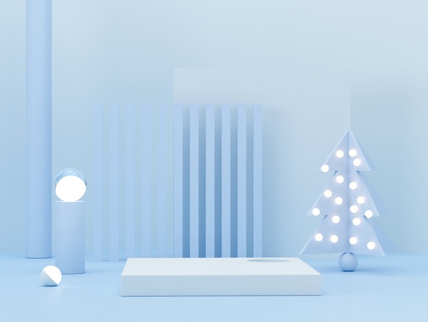 Minimal scene with podium and christmas tree with lights  blue pastel colors scene