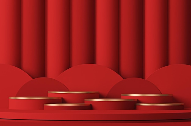 크리스마스 해피 뉴 이어 3d 렌더링의 빨간색 배경 개념에 연단 선물 상자가 있는 최소 장면