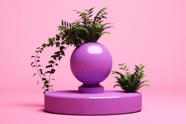 Minimal scene with purple podium and plants on pink background