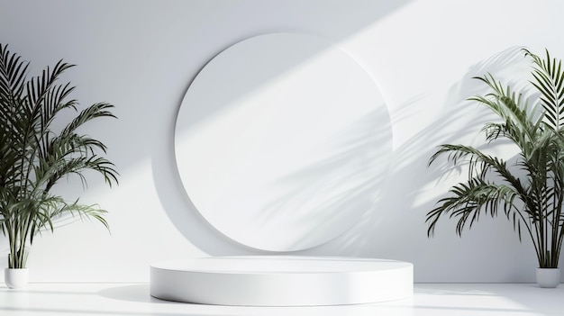 Minimal scene with white podium and palm leaves