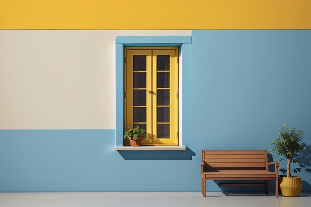 Minimal scene of yellow window on blue wall background