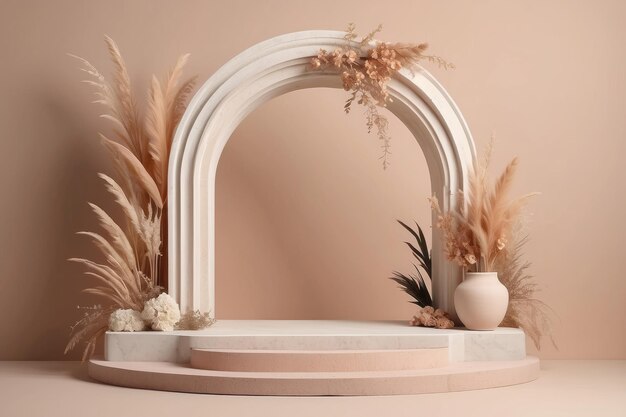 minimal scenic stone arch frame natural stone podium with dried plants and flowers decoration