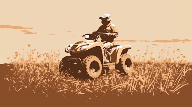 Minimal Screenprint Illustration Of Atv In Field With Silhouette