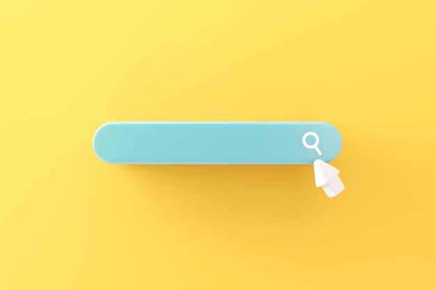 Minimal search or magnifying glass in blank search bar with white arrow on yellow background