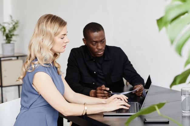 Photo minimal side view portrait of two business partners using laptop during meeting in office copy space