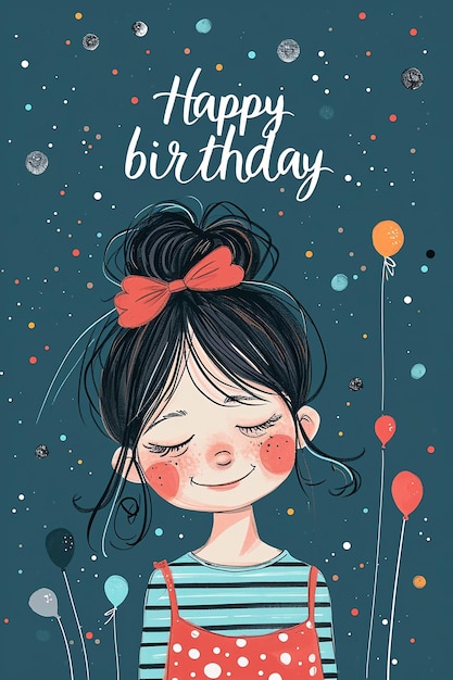 Photo minimal simple cartoon girl birthday party invite