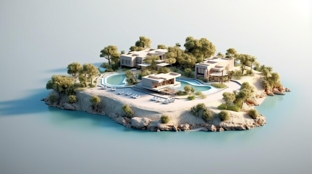 minimal simulation sample island holiday houses 3d rendering