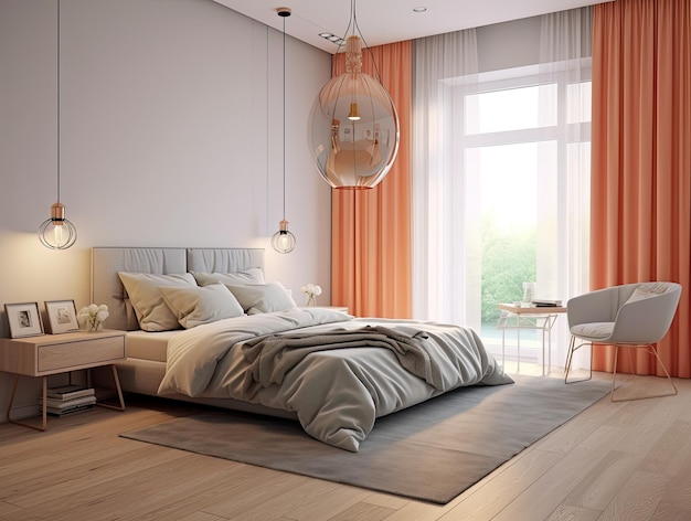 Minimal slaapkamer interieur met huisdecoratie mock up Gezellige kust stijlvolle meubels comfortabel bed Moderne ontwerp achtergrond Generatieve AI