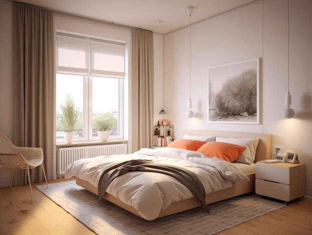 Minimal slaapkamer interieur met huisdecoratie mock up Gezellige kust stijlvolle meubels comfortabel bed Moderne ontwerp achtergrond Generatieve AI