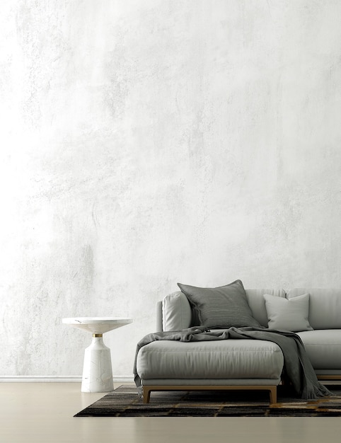 минималистичная отделка дивана и интерьер гостиной в стиле лофт и фон с узором бетонной стены