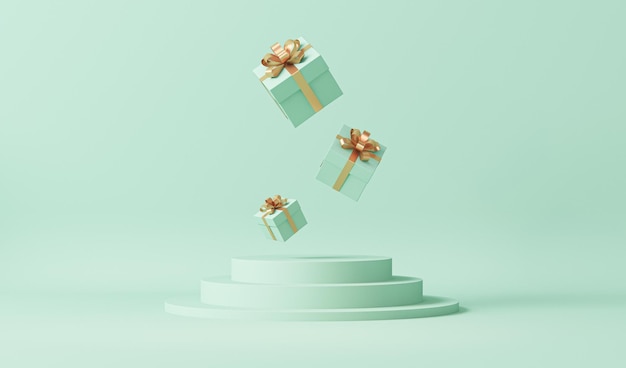 Minimal stage with white gift box and pastel green background Concept of holiday 3d render