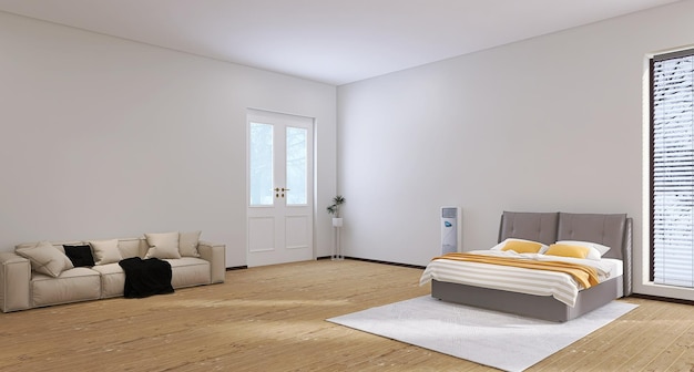 Minimal studio appartamento interior design con letto divano aria condizionata porta finestre tende