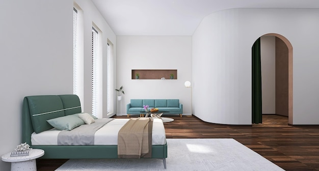 Minimal Studio Appartement Interieur Met Slaapbank Salontafel Houten Vloer Witte Achtergrond