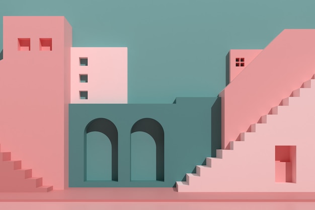 Minimal style of architectural buildings with stairs and arches, housing on pastel color background, presentation,shade and shadow. 3D rendering.