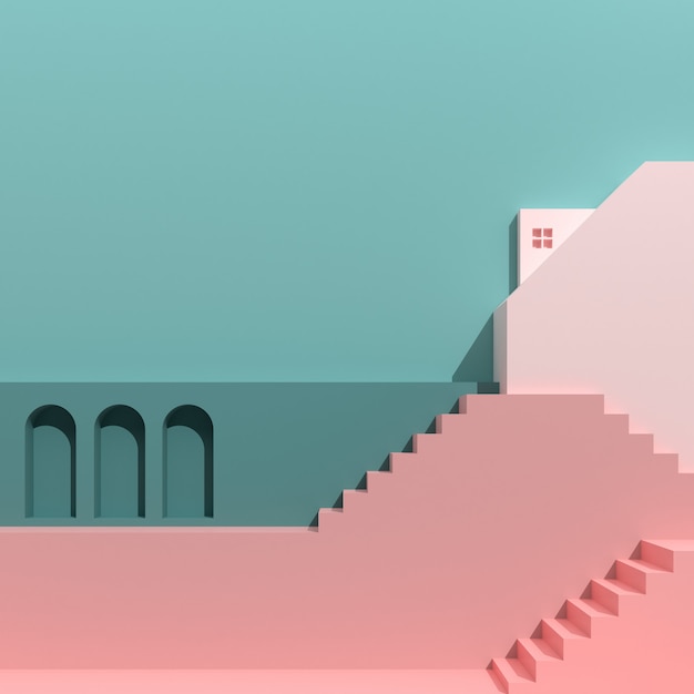 Minimal style of architectural buildings with stairs and arches, housing on pastel color background, presentation,shade and shadow. 3D rendering.