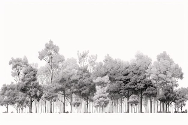 Foto disegno della linea dell'albero cad in stile minimal vista laterale insieme di elementi grafici degli alberi primavera