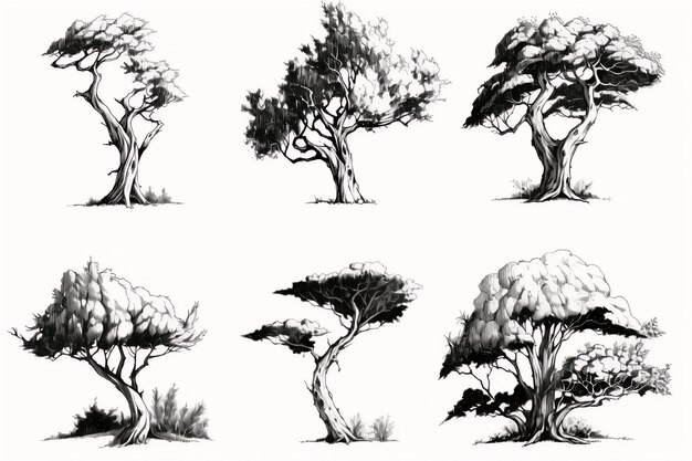 Photo minimal style cad tree line drawing side view set of graphics trees elements spring