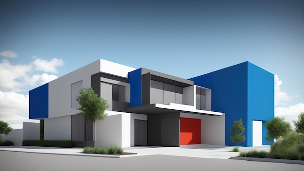 ミニマルスタイルの色鮮やかな建物の外観と青い空の背景 3D レンダリング