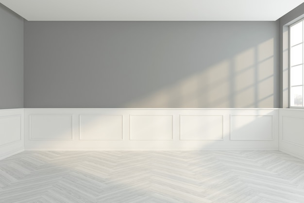 Minimal style empty room with gray and white wall cornice, wood floor. 3D rendering