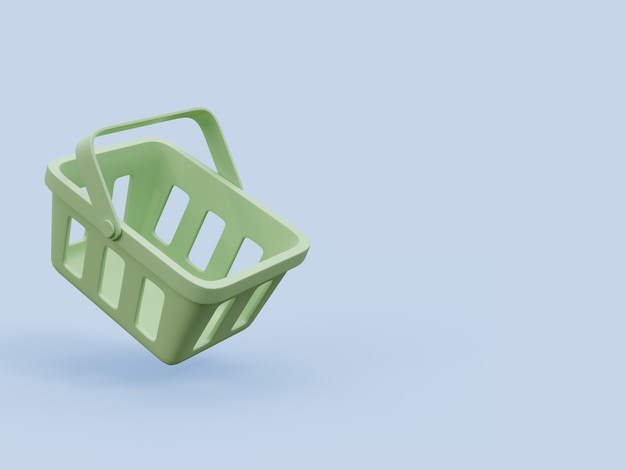 Minimal style green shopping basket on blue background with copy space 3d render illustration