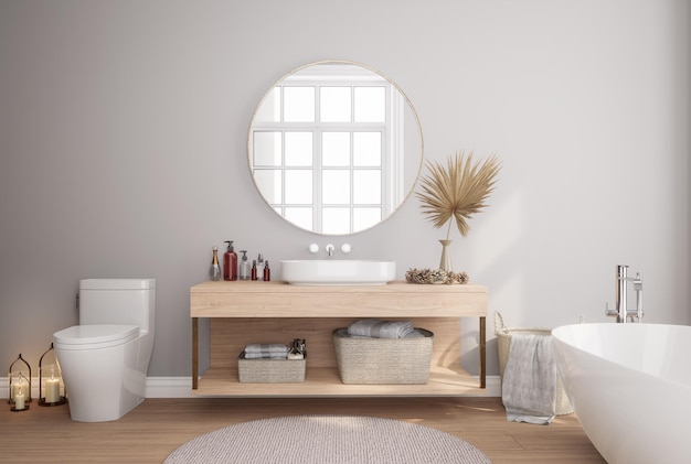 Minimal style modern contemporary gray wall bathroom 3d render illustration