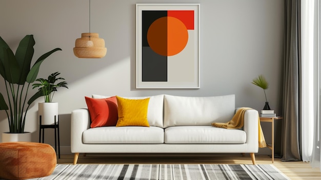 Дизайн плаката в минимальном стиле с рамой в гостиной с диваном