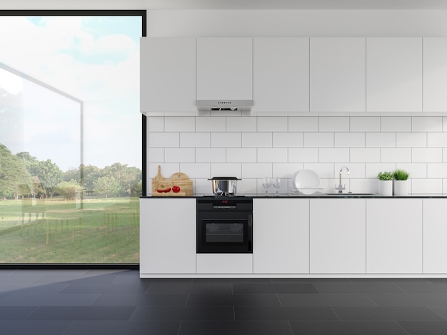 Bancone della cucina in stile minimal con vista sulla natura 3d rendering