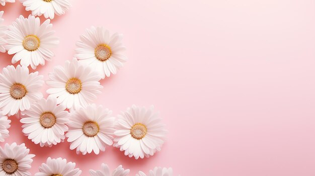 minimal styled concept with daisy chamomile flowers on pink background