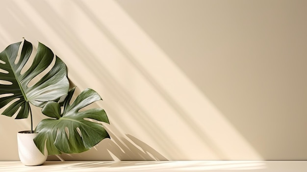 Minimal summer concept with monstera palm leaf and shadow on a white table against a beige wall background