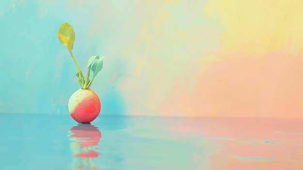 Photo minimal surreal image of a halfsubmerged red radish floating in a shallow pool of water against a backdrop of a multicolored gradient sky