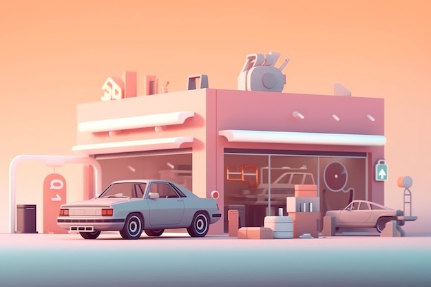Photo minimal tech illustration of a car repair scene in a subdued pastel color palette