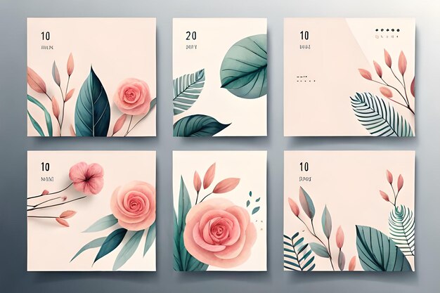 Minimal templates with watercolor shapes and floral design for postcard banner social media posts
