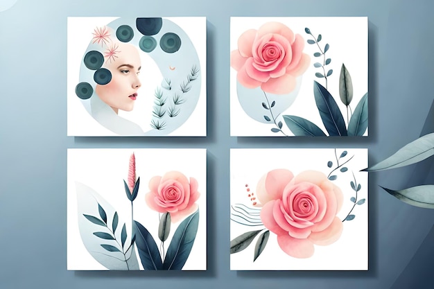 엽서 배너 소셜 미디어 게시물을 위한 수채화 모양과 꽃무늬 디자인이 있는 최소한의 템플릿