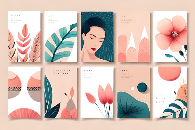 Minimal templates with watercolor shapes and floral design for postcard banner social media posts