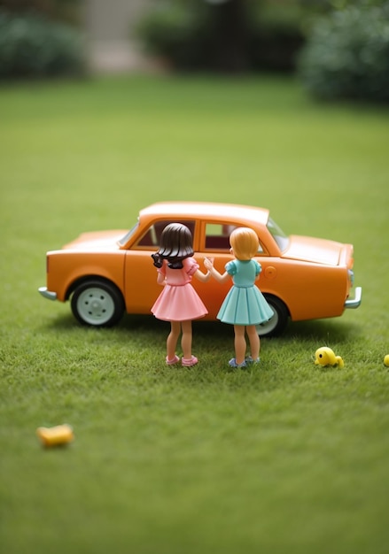 A minimal toy taking picture of girls on the grass