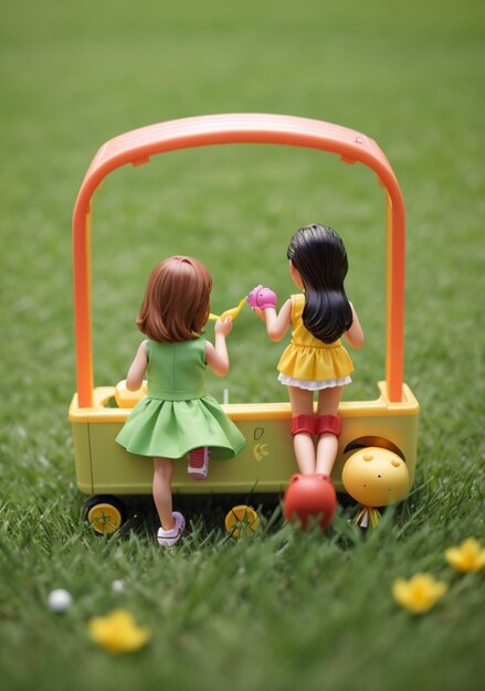 A minimal toy taking picture of girls on the grass