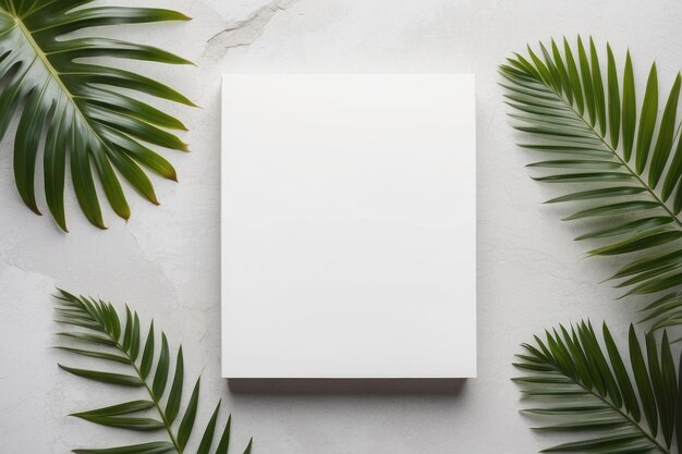 Photo minimal tropical mock up with white empty blank card and palm leaves on stone background