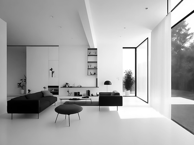 家具を備えたミニマルタイプの3D清潔な白い色の部屋