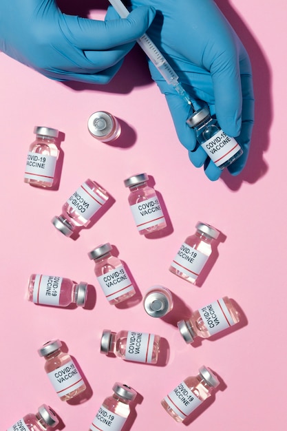 Photo minimal vaccine bottles arrangement