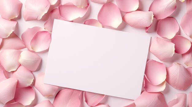 Foto modello di san valentino minimo con petali di rosa rosa su carte di carta bianche vista superiore piatta mockup