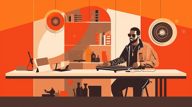 Minimal Vector Illustration A DJ in Blue and Red Tones