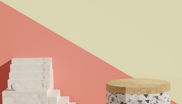 минимальный вид на терраццо и деревянный подиум с лестницей сбоку Премиум фото
